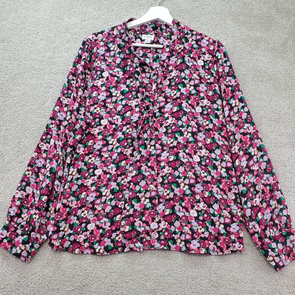 J.Crew Tie Neck Blouse Womens XL Pink Floral Long Sleeve Flowy Top Career Preppy
